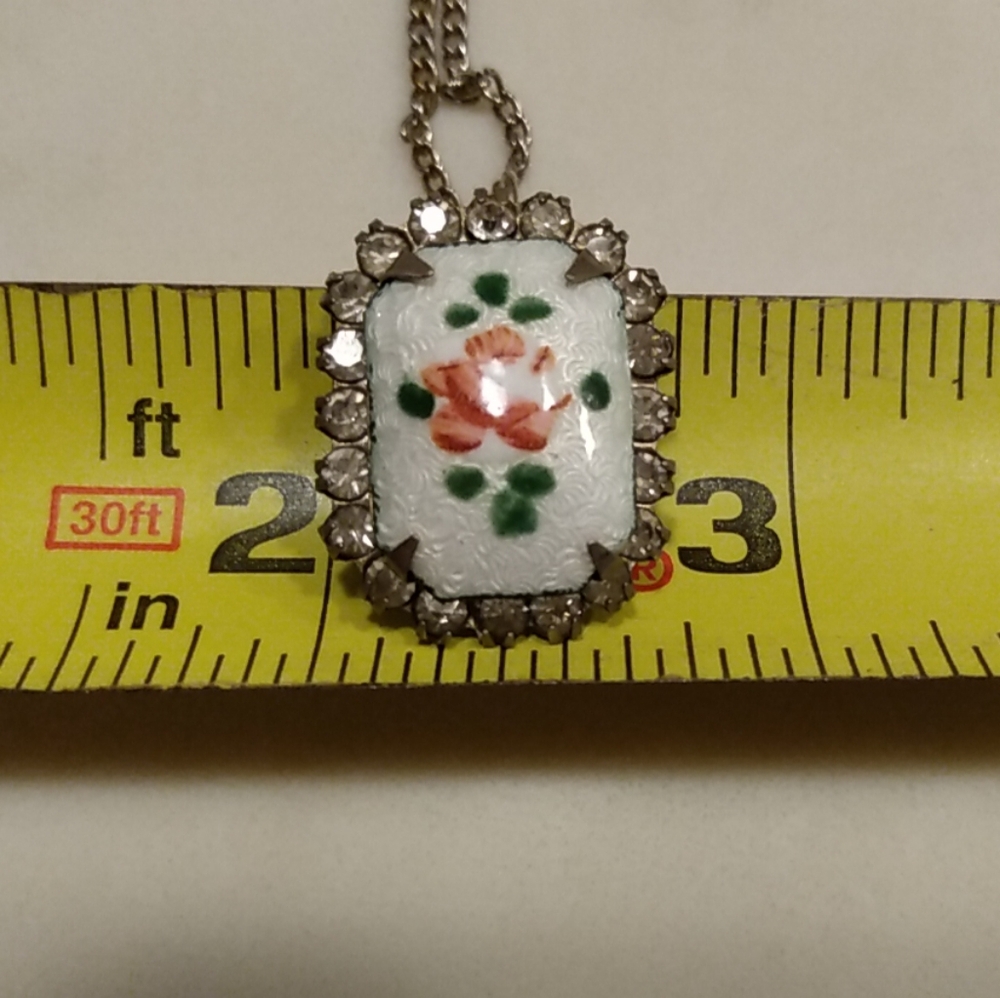 Vtg Guilloche Enamel Pink Rose Rhinestone Pendant Necklace Cottagecore Lolita - Picture 9 of 10